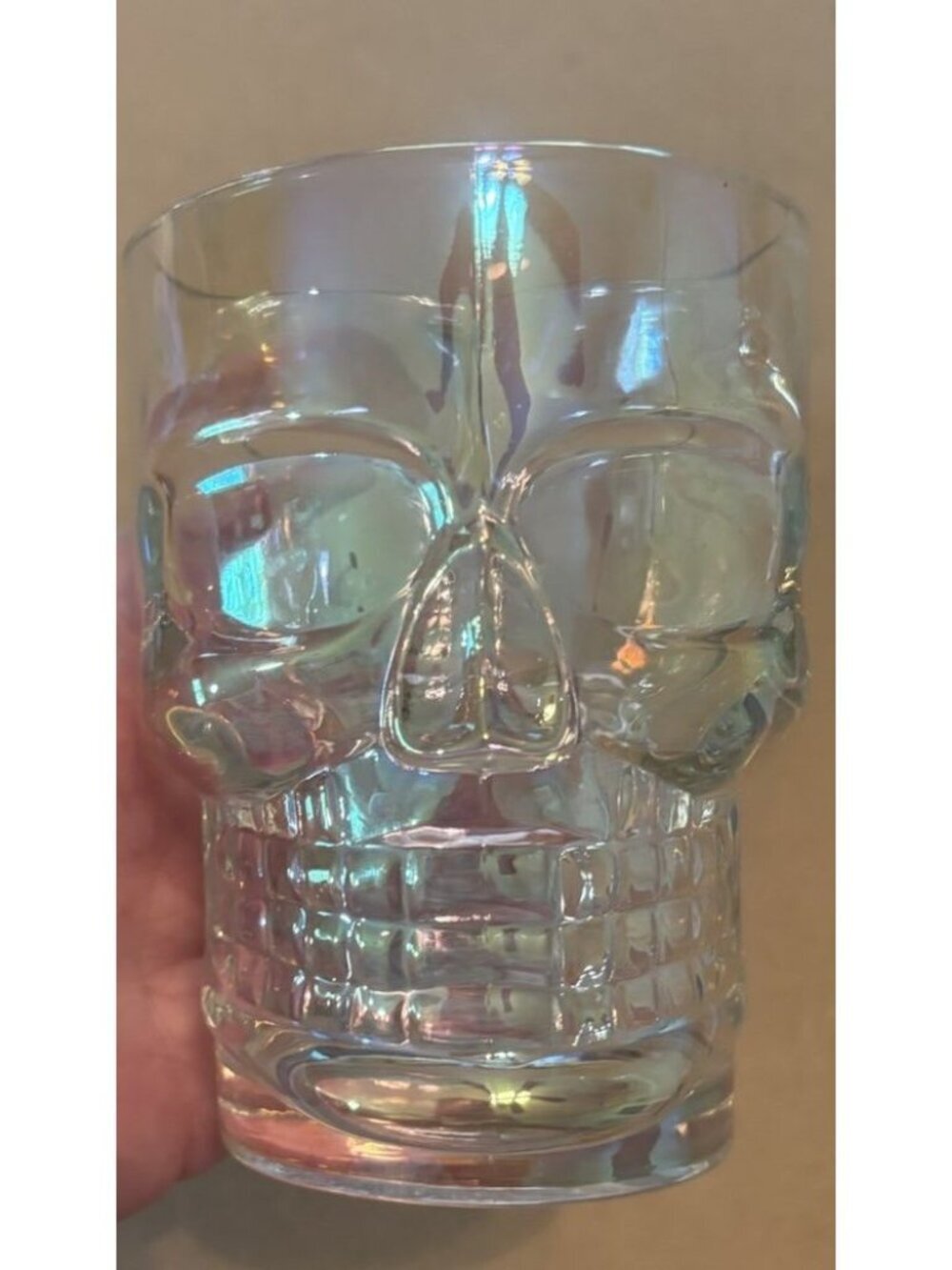 3D IRIDESCENT GLASS SKULL MUG WITH BONE HANDLE. V